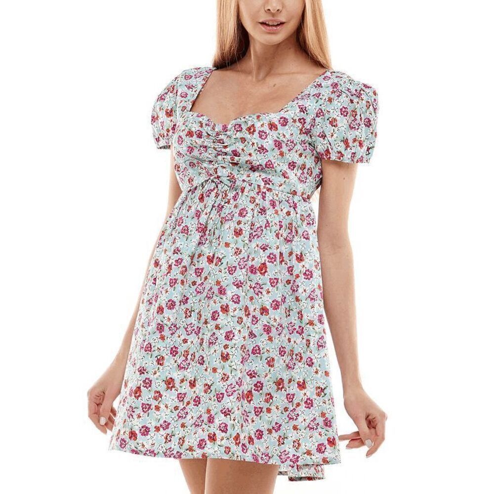 PLANET GOLD Juniors' Cotton Puff-Sleeve Floral-Print Dress XL
